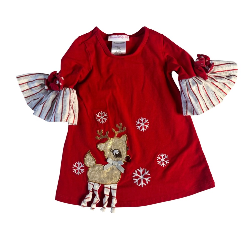 Bonnie Baby Kids Christmas Reindeer Snowflake Bell Sleeve Dress or top  Red 18M